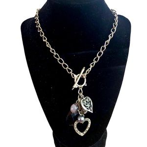 Dangle Romantic Goth Charms Toggle Silver Tone Hearts Y2K Necklace Choker‎